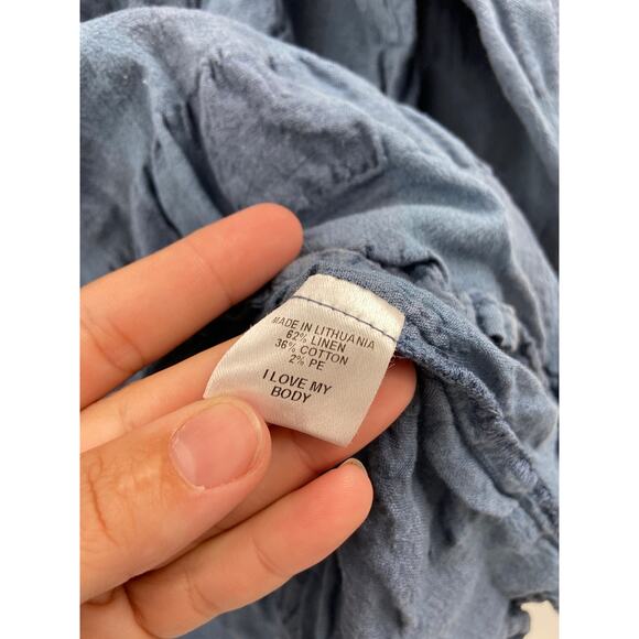 Flax Blue Jay Puckered Striped 3/4 Sleeve Scoop Round Neck Linen Top Size P - Picture 6 of 6